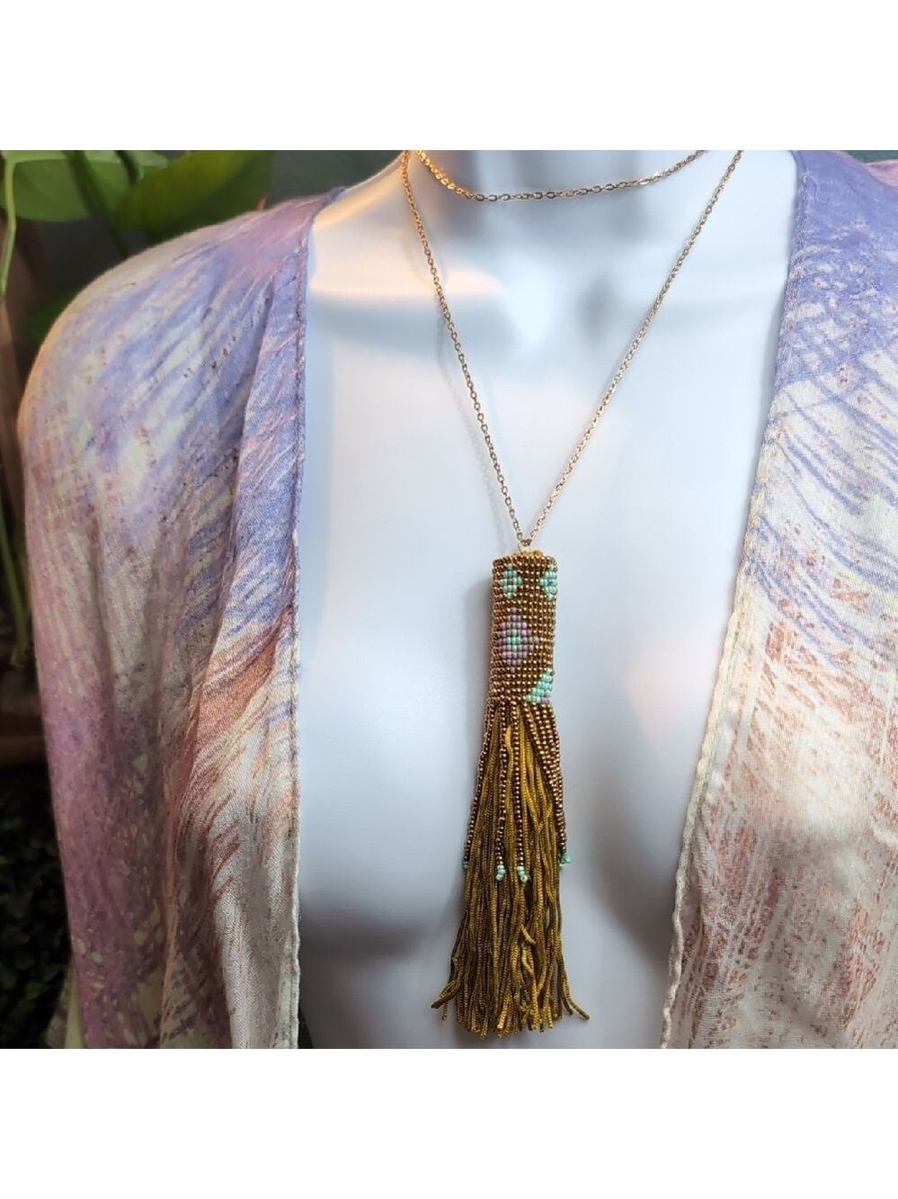 Gold & Purple Beaded Tassel Necklace